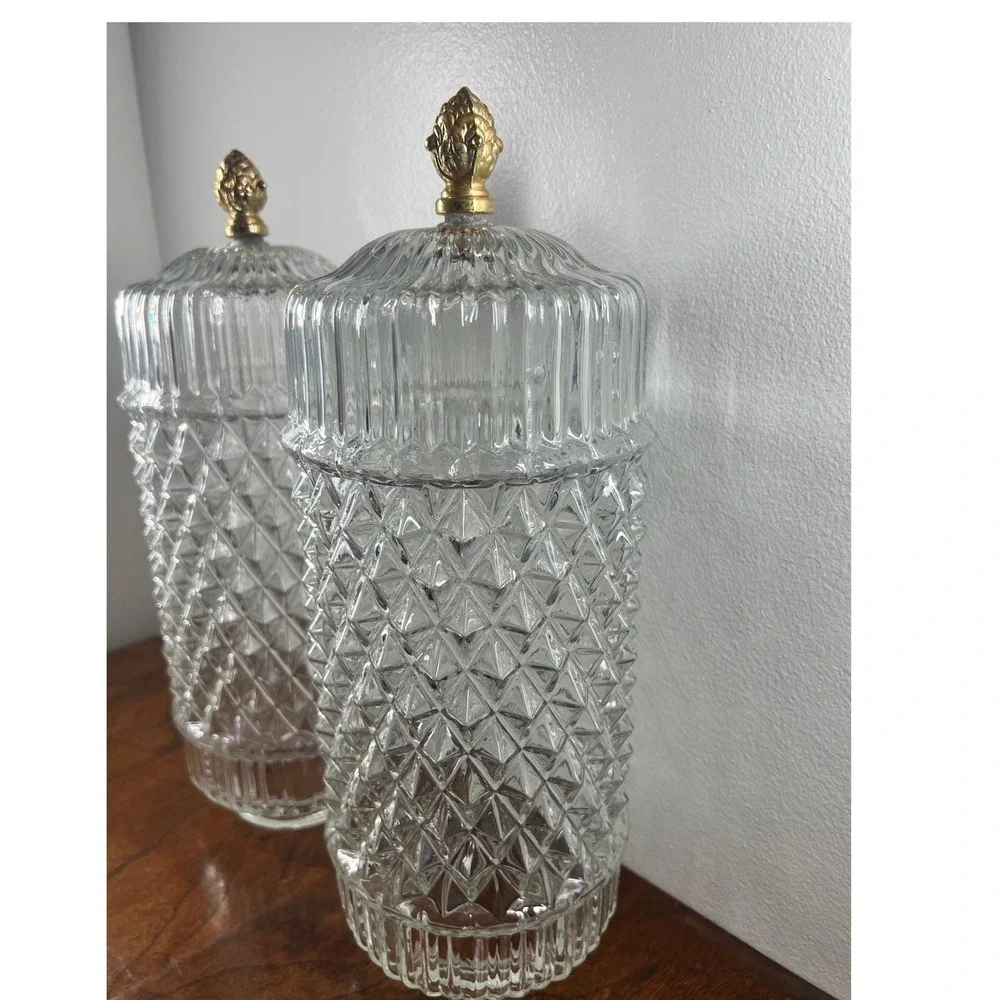 Vintage Lamp Shades Diamond Point Glass Mid Century Clear Gold Finial Pair 12